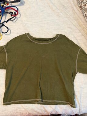 aerie Olive Green Cropped Tee with Contrast Stitching